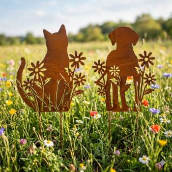 Wunderschönes Beetstecker Set Katze und Hund mit Blumen